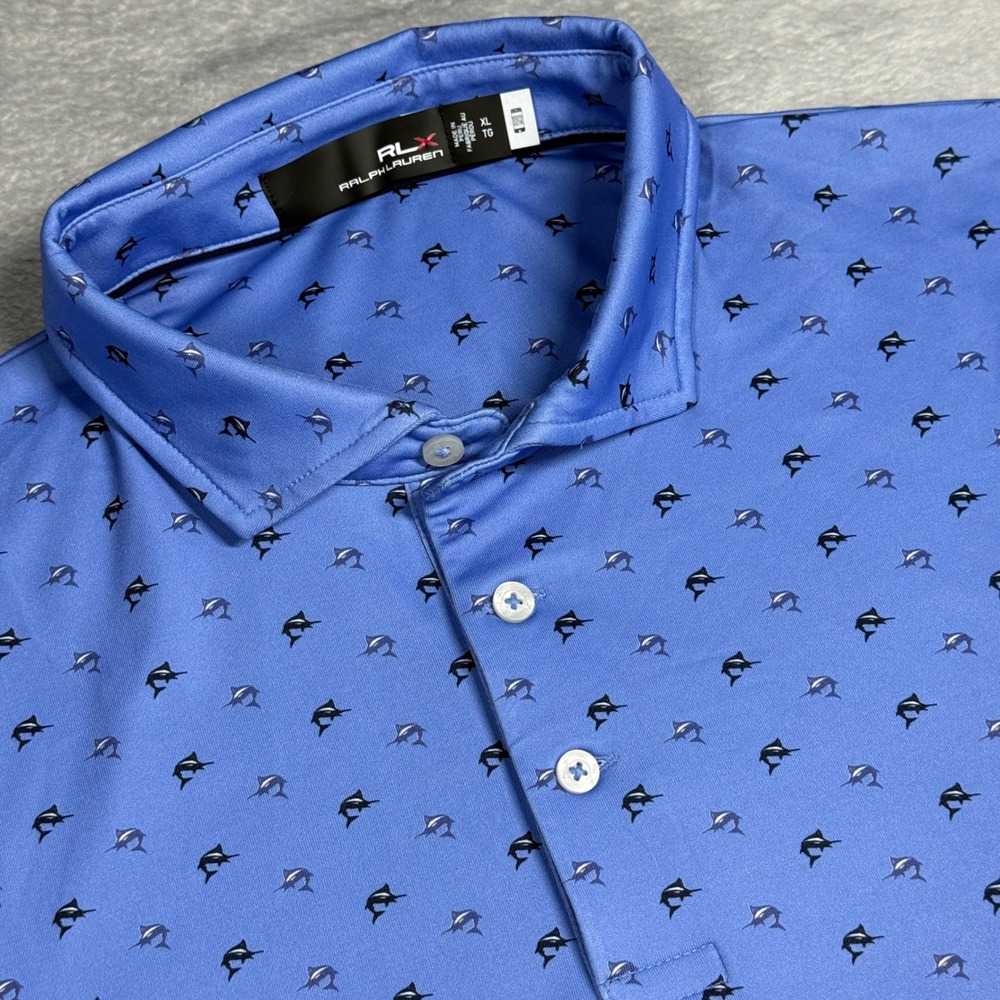 RLX XL Performance Polo Mens Blue Marlin Print Classic Fit Short Sleeve Shirt